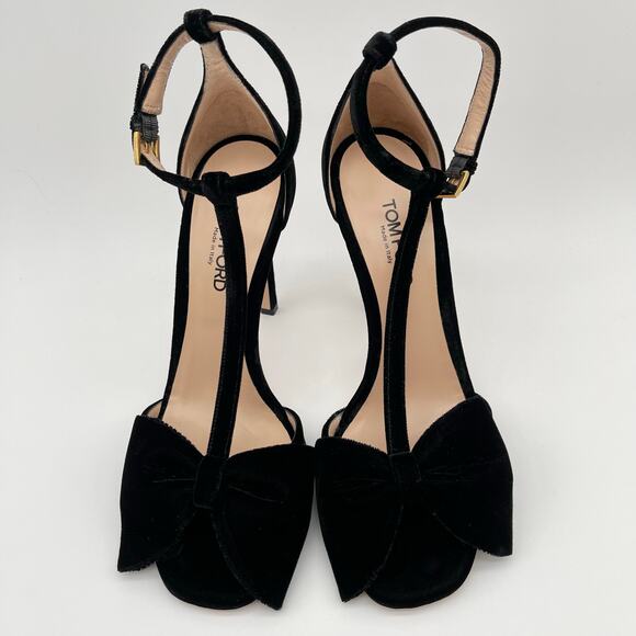 TOM FORD | Velvet Brigitte Sandal in Black T-Strap Open Toe Bow Heels 40 / 8.5 - Picture 7 of 16